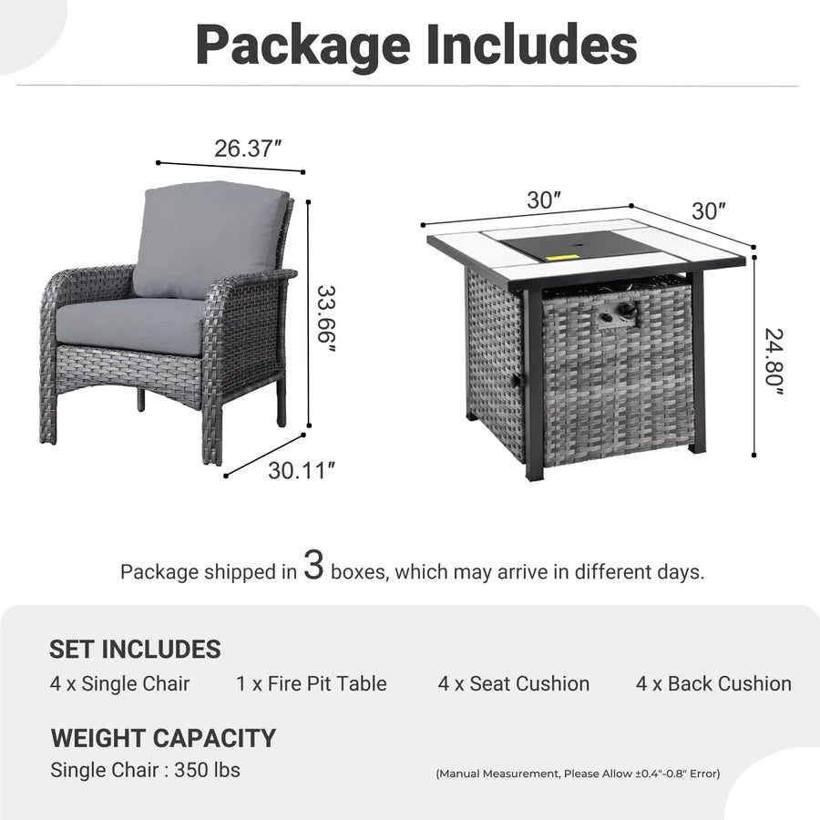 5-Piece Patio Set with Fire Pit Table,All Weather Grey Wicker Chairs & Cushions