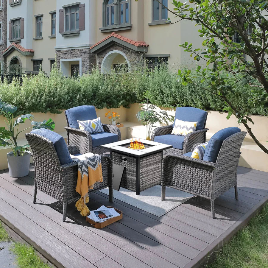5-Piece Patio Set with Fire Pit Table,All Weather Grey Wicker Chairs & Cushions