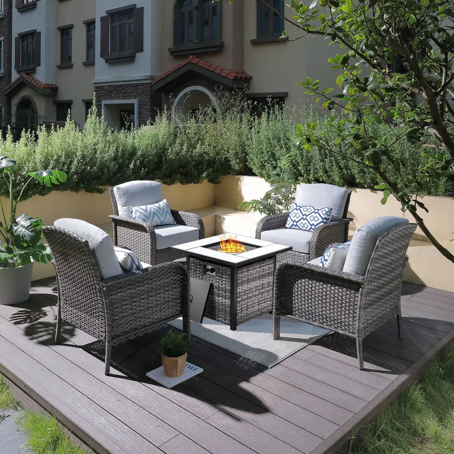 5-Piece Patio Set with Fire Pit Table,All Weather Grey Wicker Chairs & Cushions
