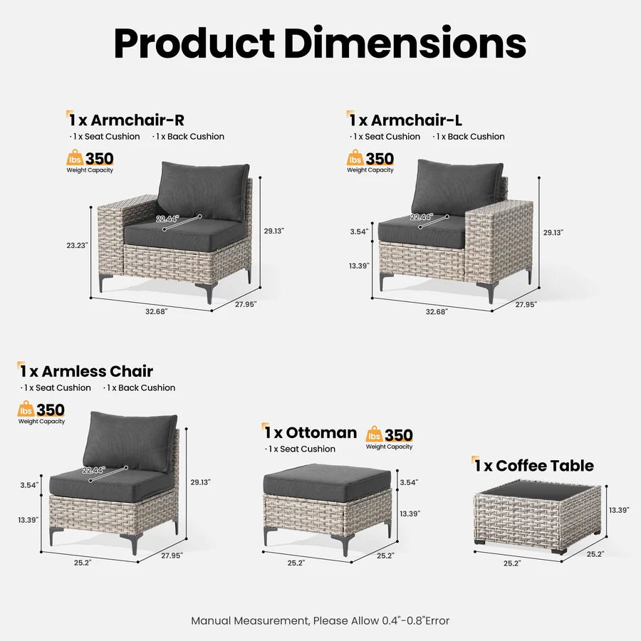 5 Pieces Patio Furniture Set Outdoor Sectional Sofa Couch with Comfy Cushions Deep Seat