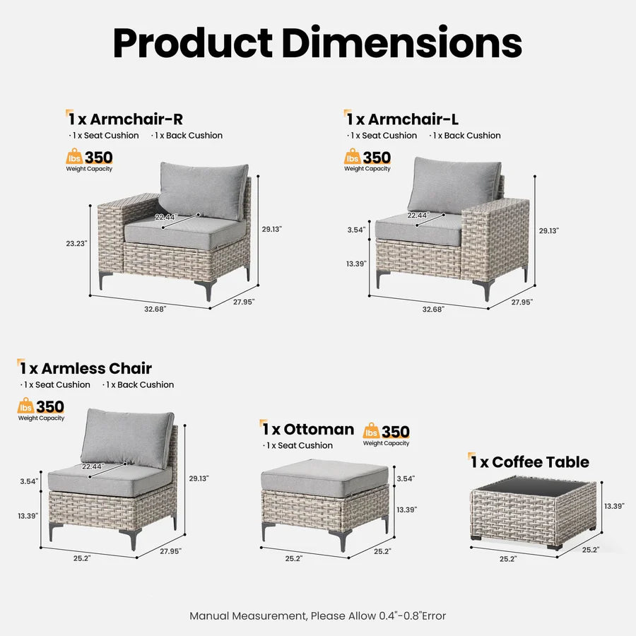 5 Pieces Patio Furniture Set Outdoor Sectional Sofa Couch with Comfy Cushions Deep Seat