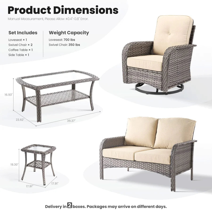 5 Pieces Patio Furniture Set, Outdoor Wicker Sofa with Swivel Chairs