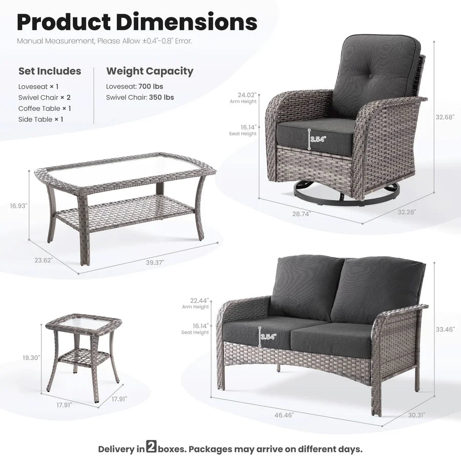 5 Pieces Patio Furniture Set, Outdoor Wicker Sofa with Swivel Chairs