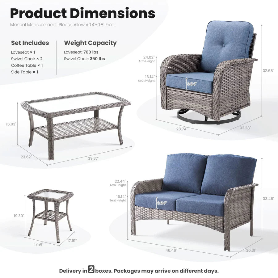 5 Pieces Patio Furniture Set, Outdoor Wicker Sofa with Swivel Chairs