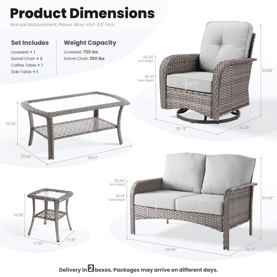 5 Pieces Patio Furniture Set, Outdoor Wicker Sofa with Swivel Chairs