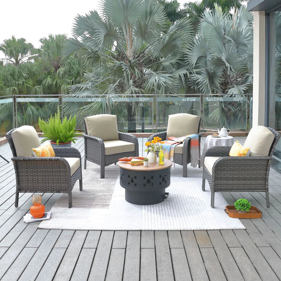 5 Pieces Patio Furniture Set with Fire Pit, Outdoor Wicker Chairs of 4