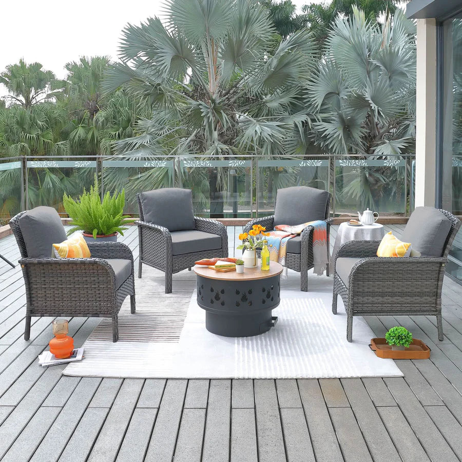 5 Pieces Patio Furniture Set with Fire Pit, Outdoor Wicker Chairs of 4