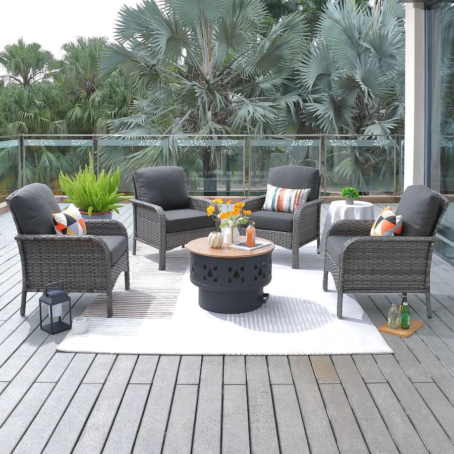 5 Pieces Patio Furniture Set with Fire Pit, Outdoor Wicker Chairs of 4