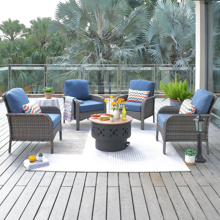 5 Pieces Patio Furniture Set with Fire Pit, Outdoor Wicker Chairs of 4