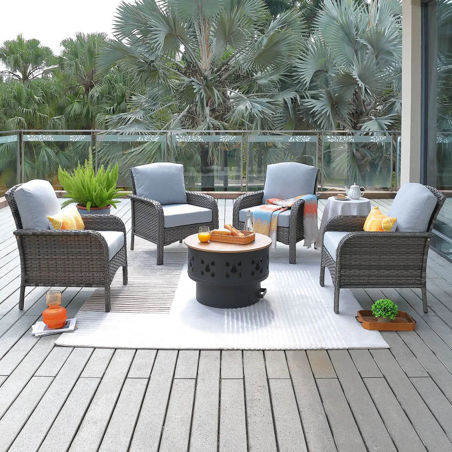 5 Pieces Patio Furniture Set with Fire Pit, Outdoor Wicker Chairs of 4