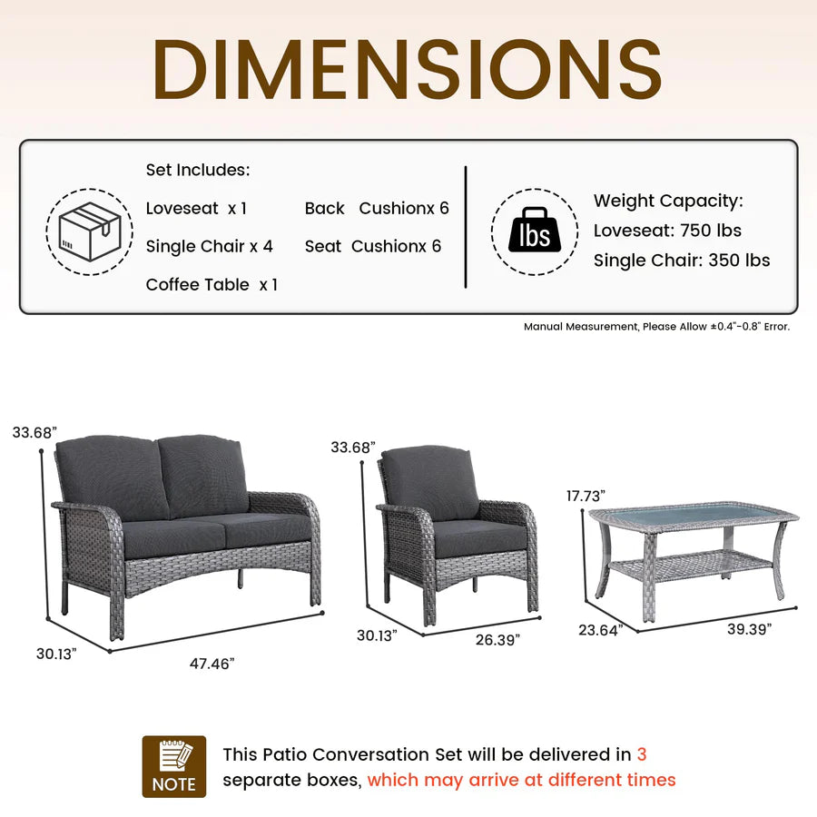 6-Piece Wicker Patio Furniture Set, All-Weather Rattan Conversation Bistro Loveseat Chair and Table Set for Backyard