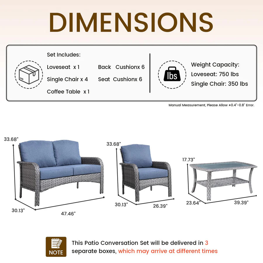 6-Piece Wicker Patio Furniture Set, All-Weather Rattan Conversation Bistro Loveseat Chair and Table Set for Backyard
