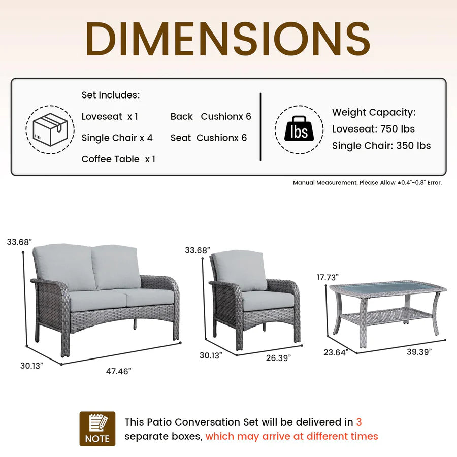 6-Piece Wicker Patio Furniture Set, All-Weather Rattan Conversation Bistro Loveseat Chair and Table Set for Backyard