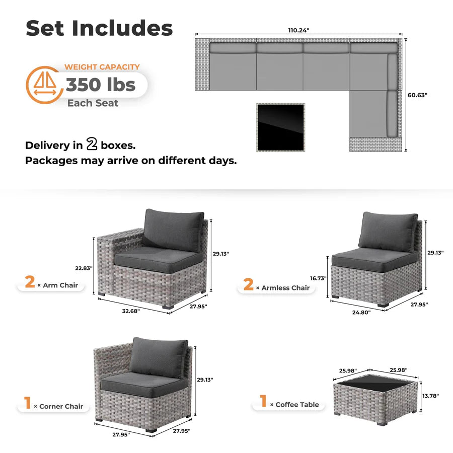 6 Pieces Outdoor Sectional Sofa with 7.68'' Broad Handrails
