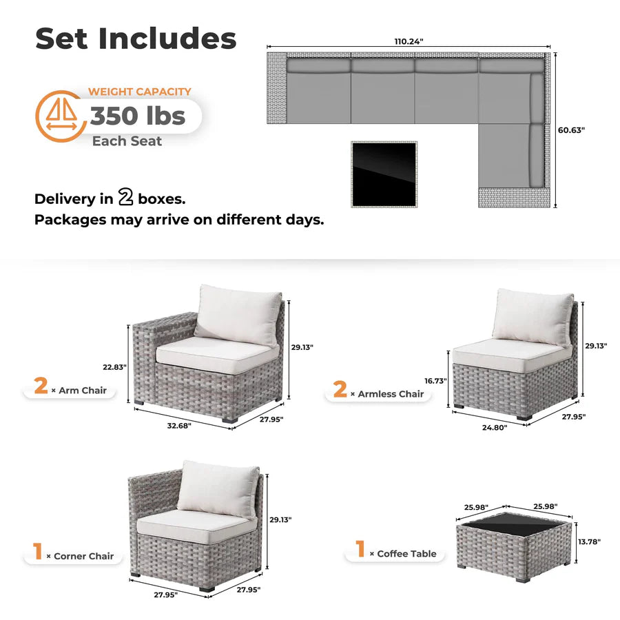 6 Pieces Outdoor Sectional Sofa with 7.68'' Broad Handrails