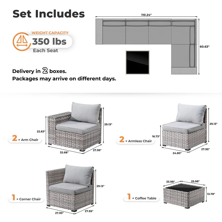 6 Pieces Outdoor Sectional Sofa with 7.68'' Broad Handrails