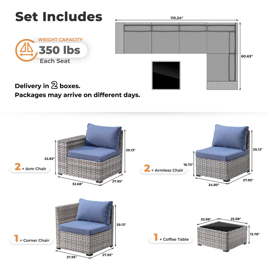 6 Pieces Outdoor Sectional Sofa with 7.68'' Broad Handrails