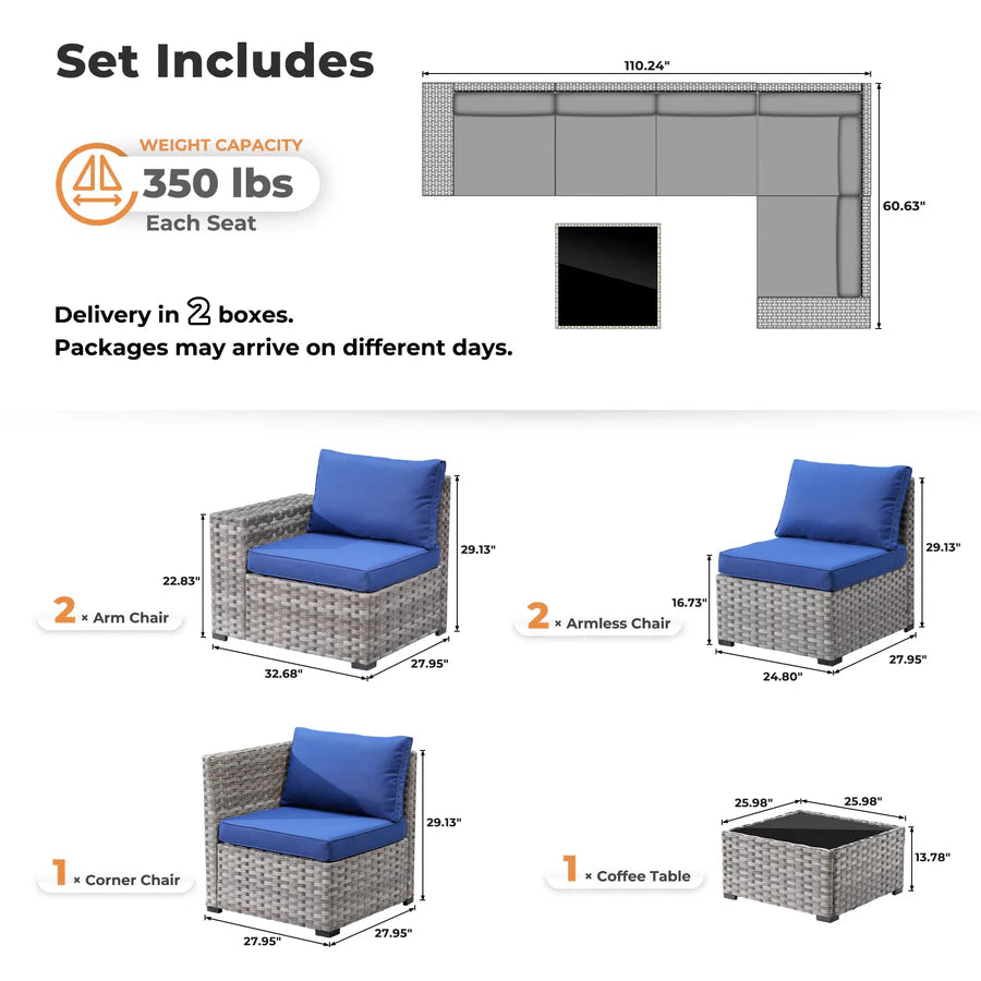 6 Pieces Outdoor Sectional Sofa with 7.68'' Broad Handrails