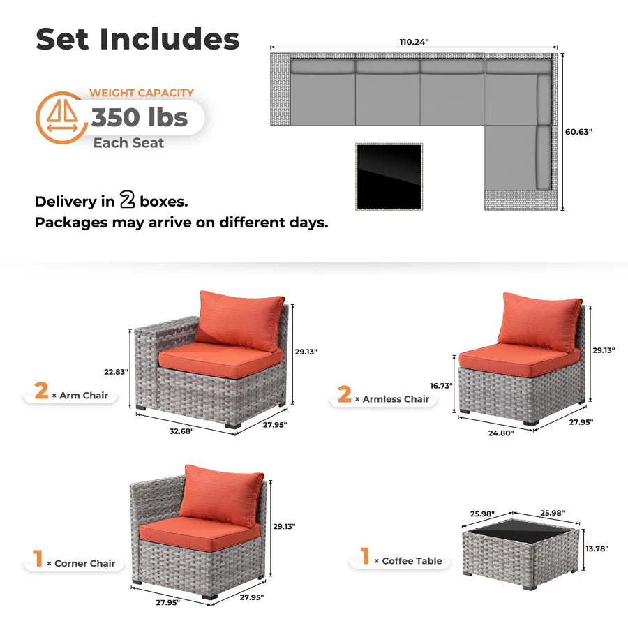 6 Pieces Outdoor Sectional Sofa with 7.68'' Broad Handrails