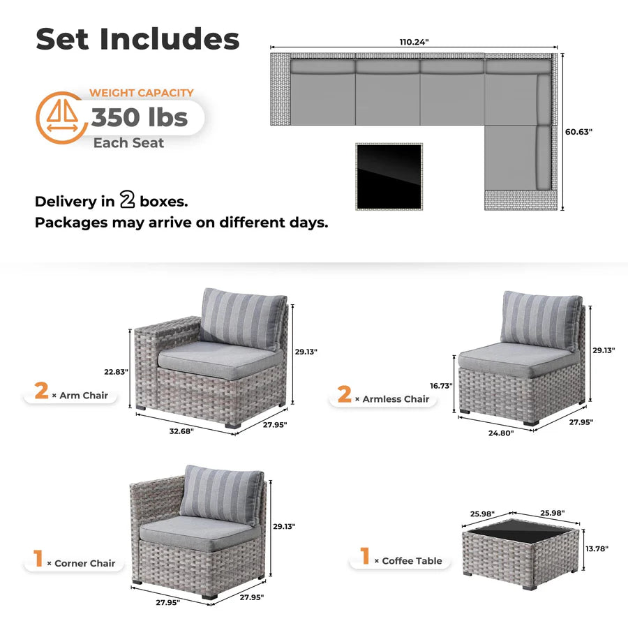 6 Pieces Outdoor Sectional Sofa with 7.68'' Broad Handrails