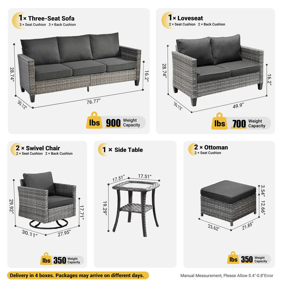 7 Pieces Patio Furniture Set, Outdoor Wicker Sofa with Rocking Swivel Chairs