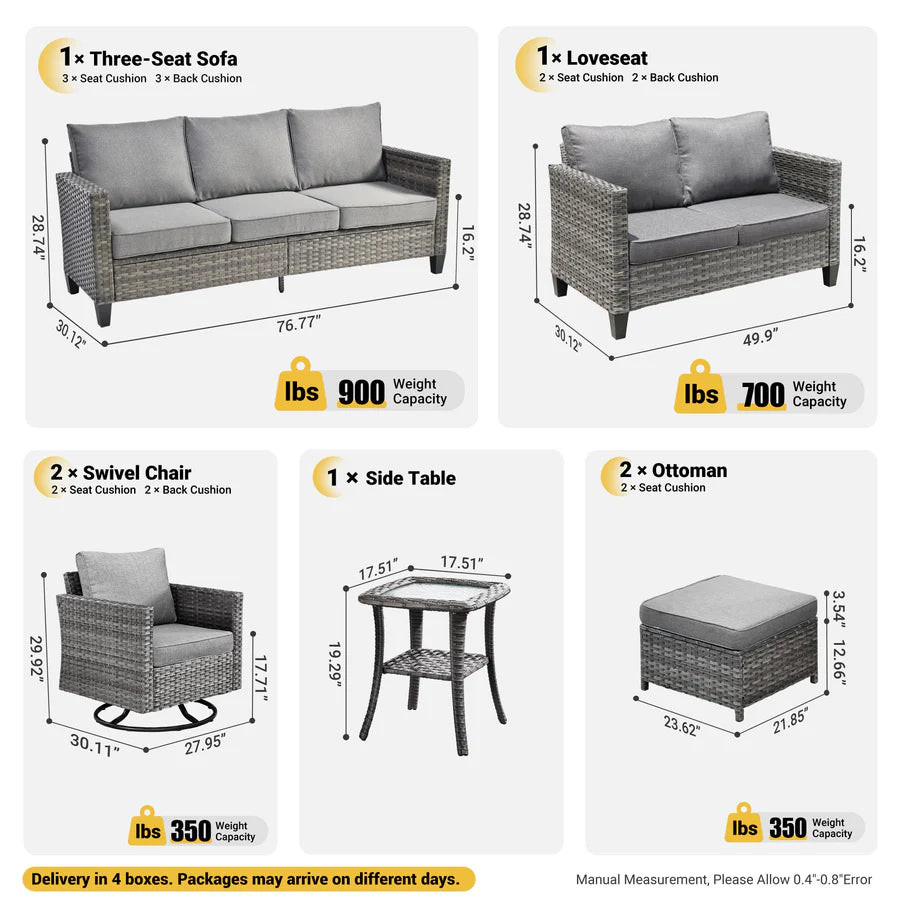 7 Pieces Patio Furniture Set, Outdoor Wicker Sofa with Rocking Swivel Chairs