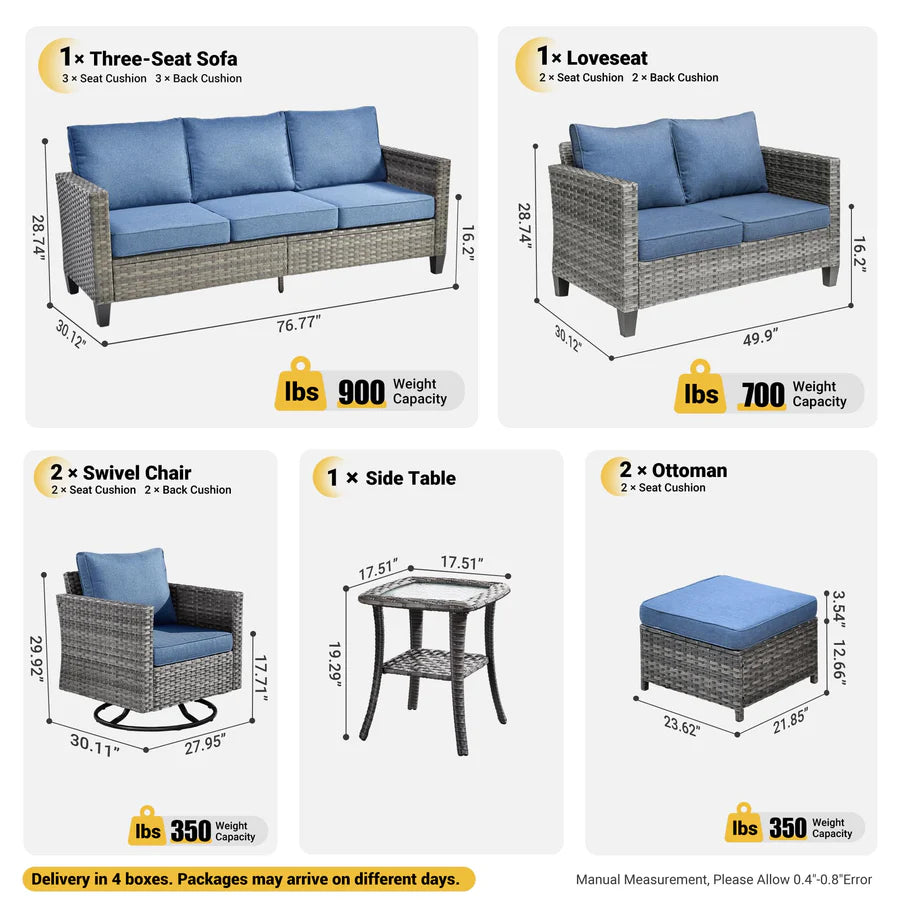7 Pieces Patio Furniture Set, Outdoor Wicker Sofa with Rocking Swivel Chairs