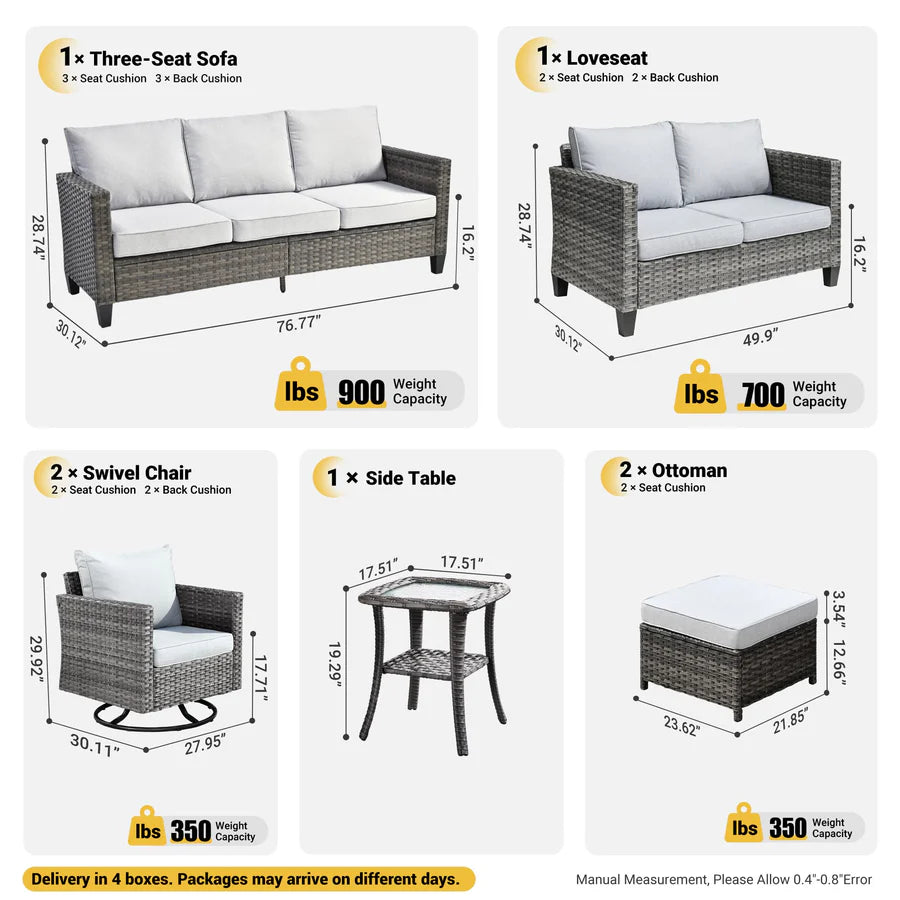 7 Pieces Patio Furniture Set, Outdoor Wicker Sofa with Rocking Swivel Chairs