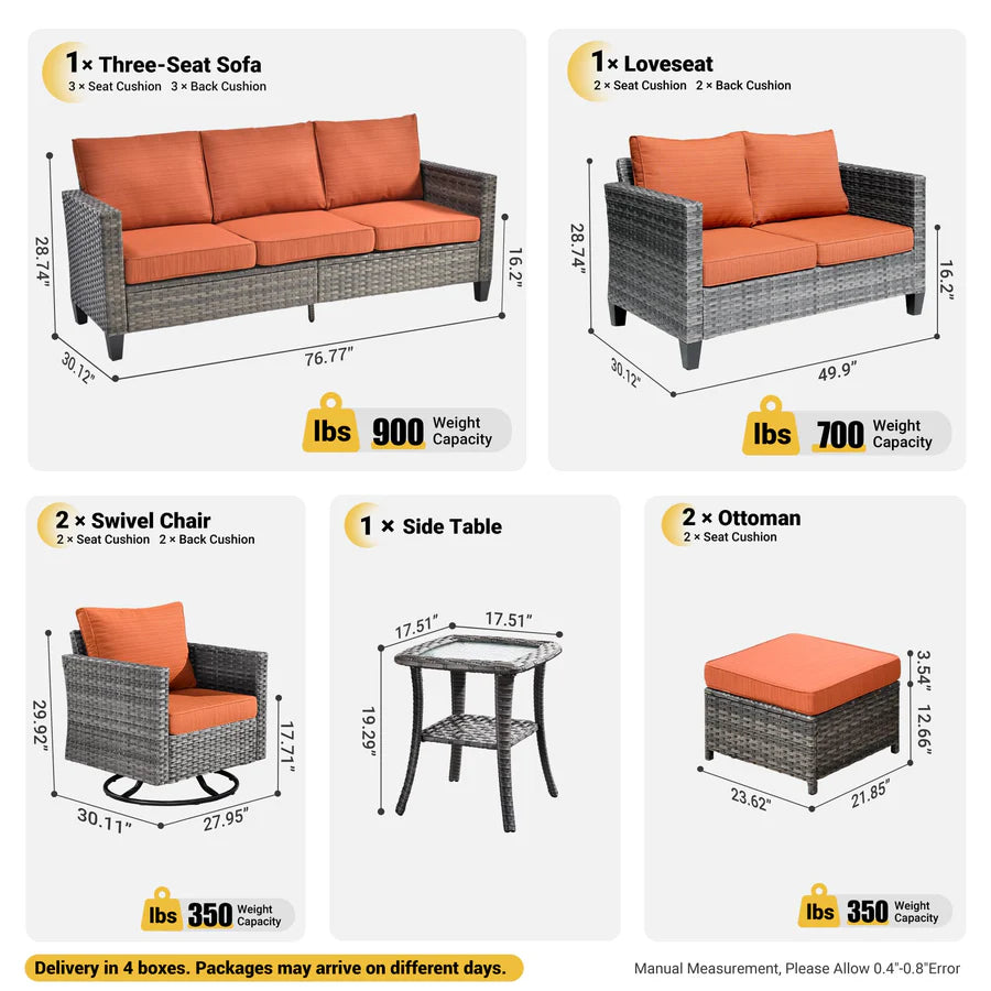 7 Pieces Patio Furniture Set, Outdoor Wicker Sofa with Rocking Swivel Chairs