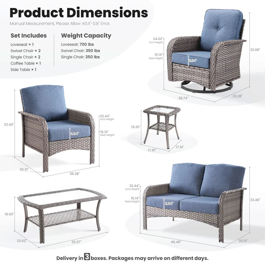 7 Pieces Patio Furniture Set, Outdoor Wicker Sofa with Swivel Chairs, Coffee Table