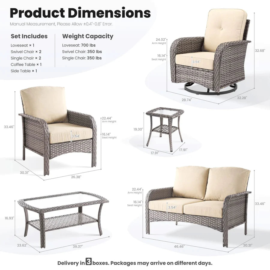 7 Pieces Patio Furniture Set, Outdoor Wicker Sofa with Swivel Chairs, Coffee Table
