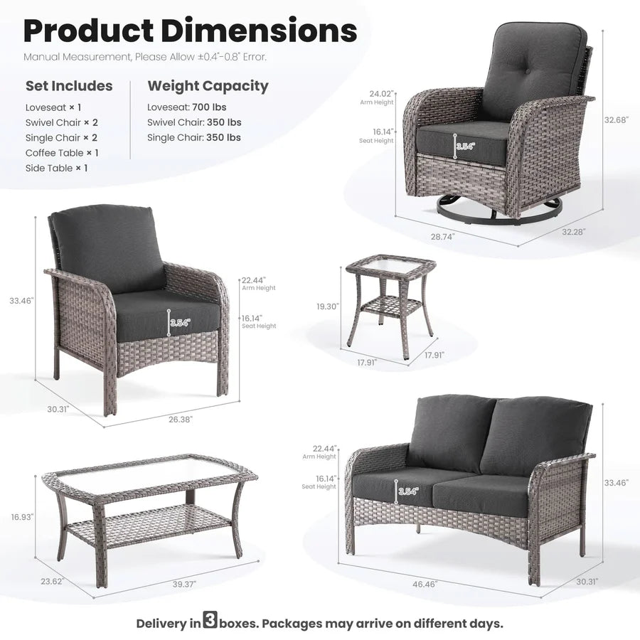 7 Pieces Patio Furniture Set, Outdoor Wicker Sofa with Swivel Chairs, Coffee Table