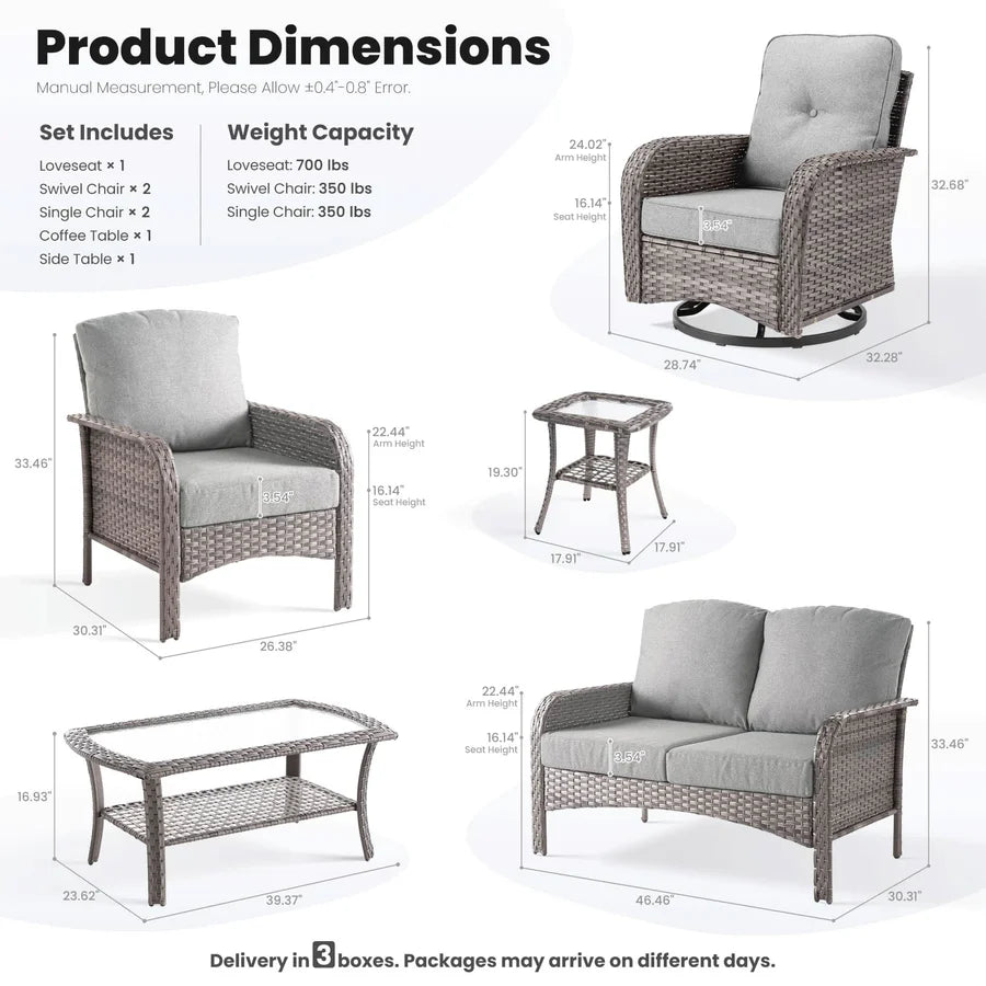 7 Pieces Patio Furniture Set, Outdoor Wicker Sofa with Swivel Chairs, Coffee Table