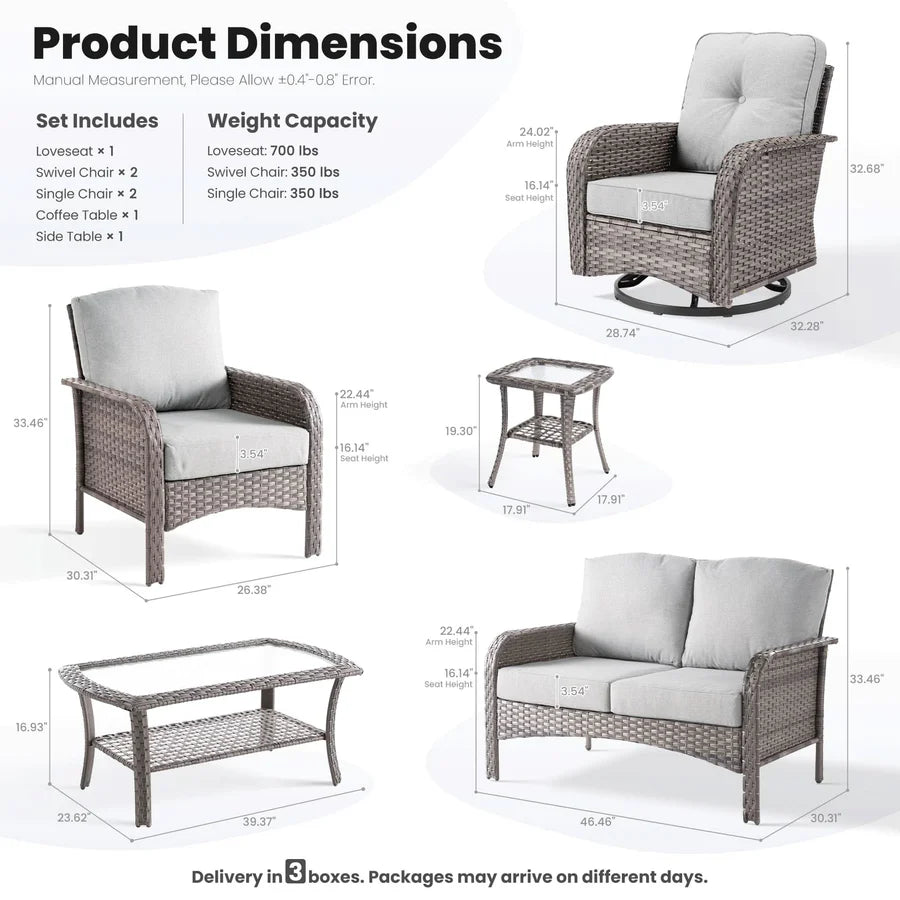7 Pieces Patio Furniture Set, Outdoor Wicker Sofa with Swivel Chairs, Coffee Table