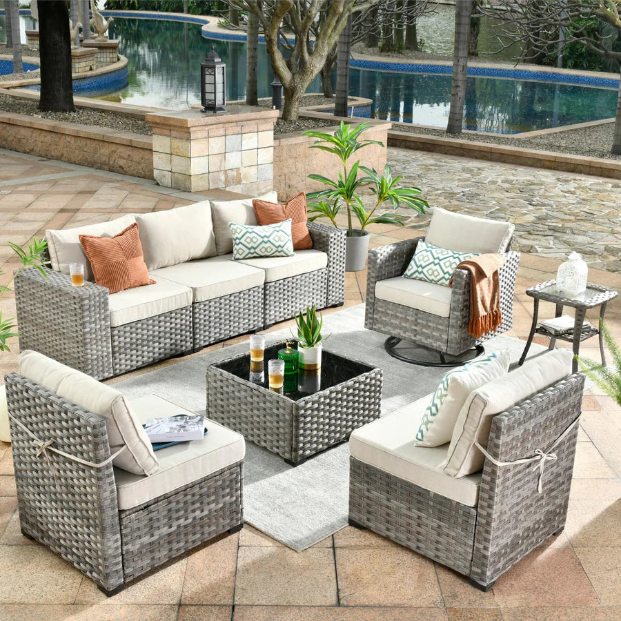 8 Pieces Patio Furniture Set, Outdoor Sectional Sofa with Swivel Rocking Chair