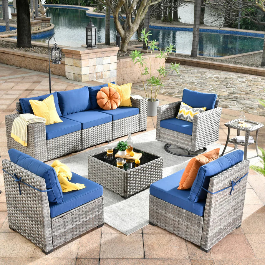 8 Pieces Patio Furniture Set, Outdoor Sectional Sofa with Swivel Rocking Chair