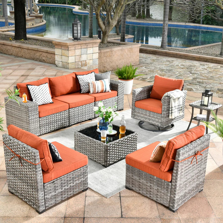 8 Pieces Patio Furniture Set, Outdoor Sectional Sofa with Swivel Rocking Chair