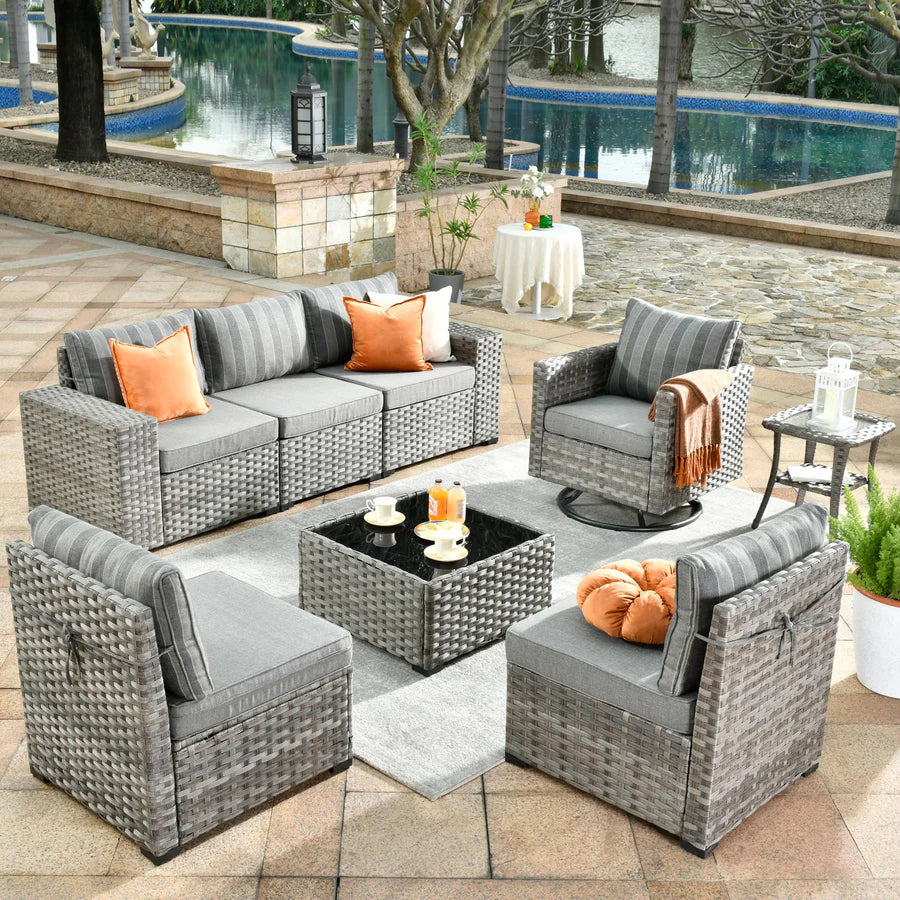 8 Pieces Patio Furniture Set, Outdoor Sectional Sofa with Swivel Rocking Chair