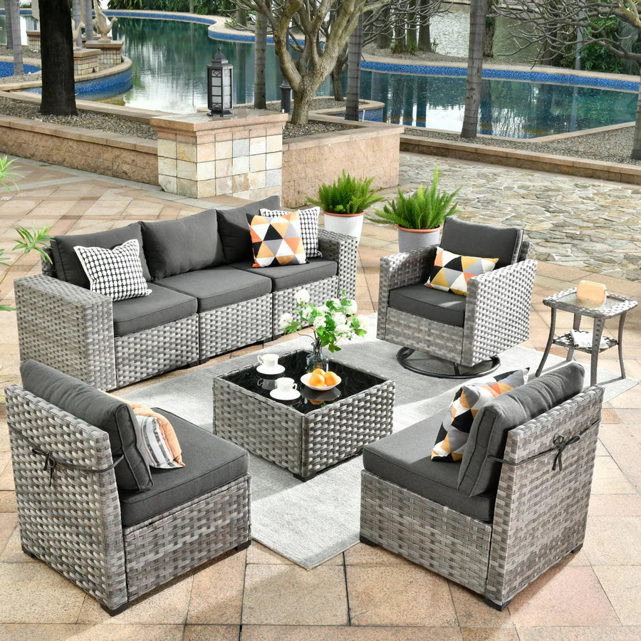 8 Pieces Patio Furniture Set, Outdoor Sectional Sofa with Swivel Rocking Chair