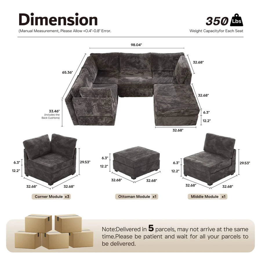 98" Modular Sectional Sofa Couch, L-Shaped Minimalist Couches with Sofa Bed Chaise