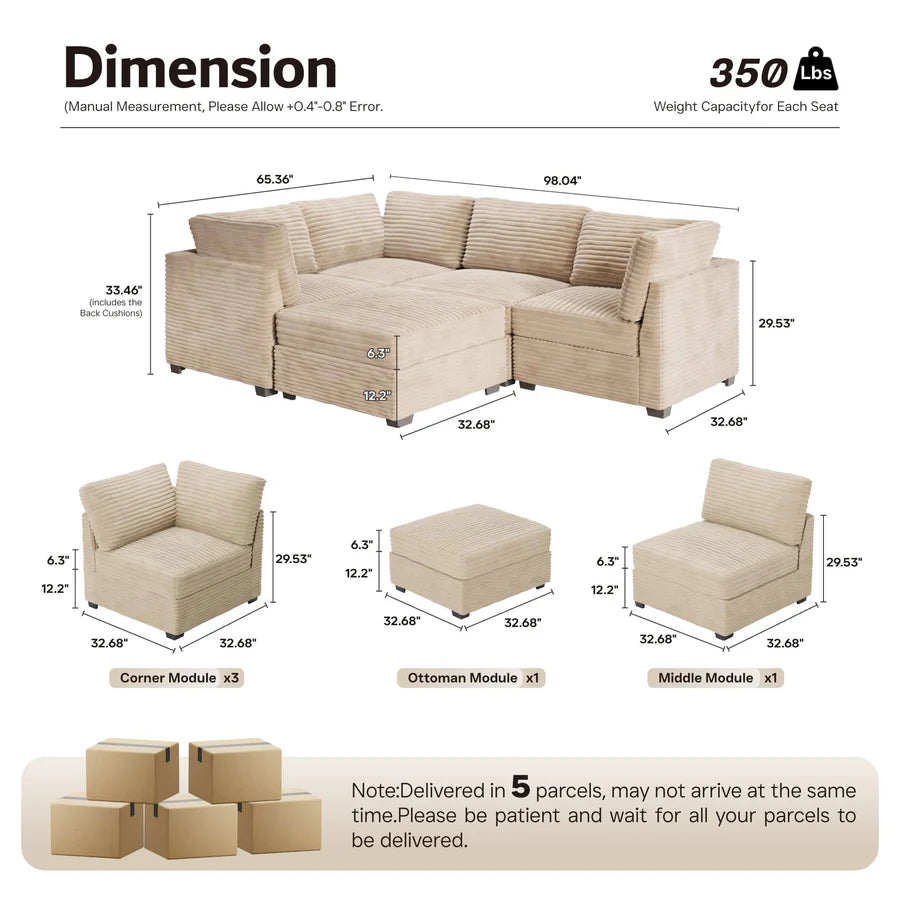 98" Modular Sectional Sofa Couch, L-Shaped Minimalist Couches with Sofa Bed Chaise