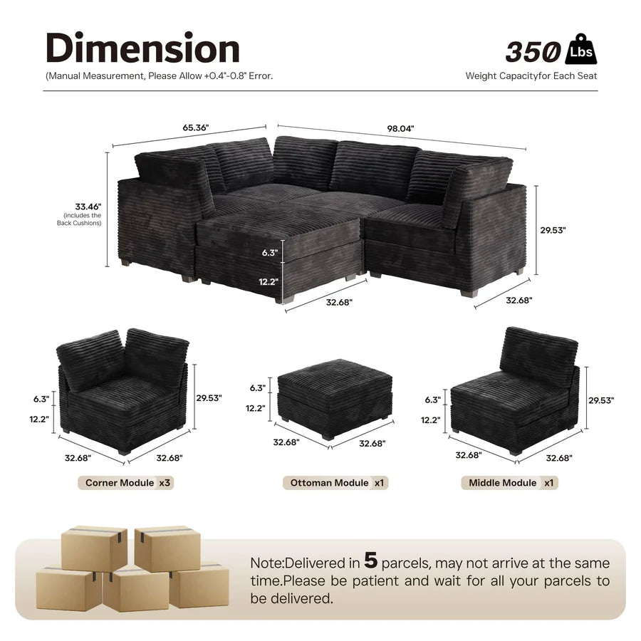 98" Modular Sectional Sofa Couch, L-Shaped Minimalist Couches with Sofa Bed Chaise