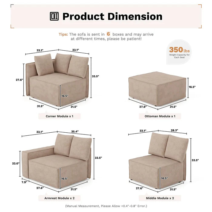 Living Room Modular Couch 6-Pieces Set, Wide Armrests