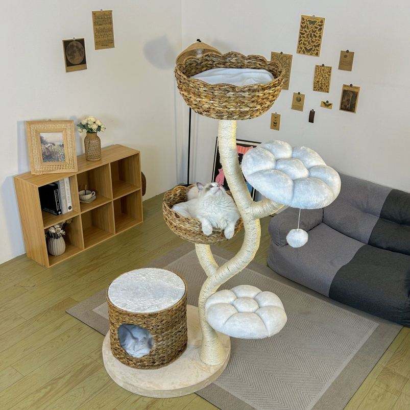 Natural Plantain Leaf Weaving Cat Climbing Frame Tree House Modern Luxury Tower Scratching Pillar Cat Tree
