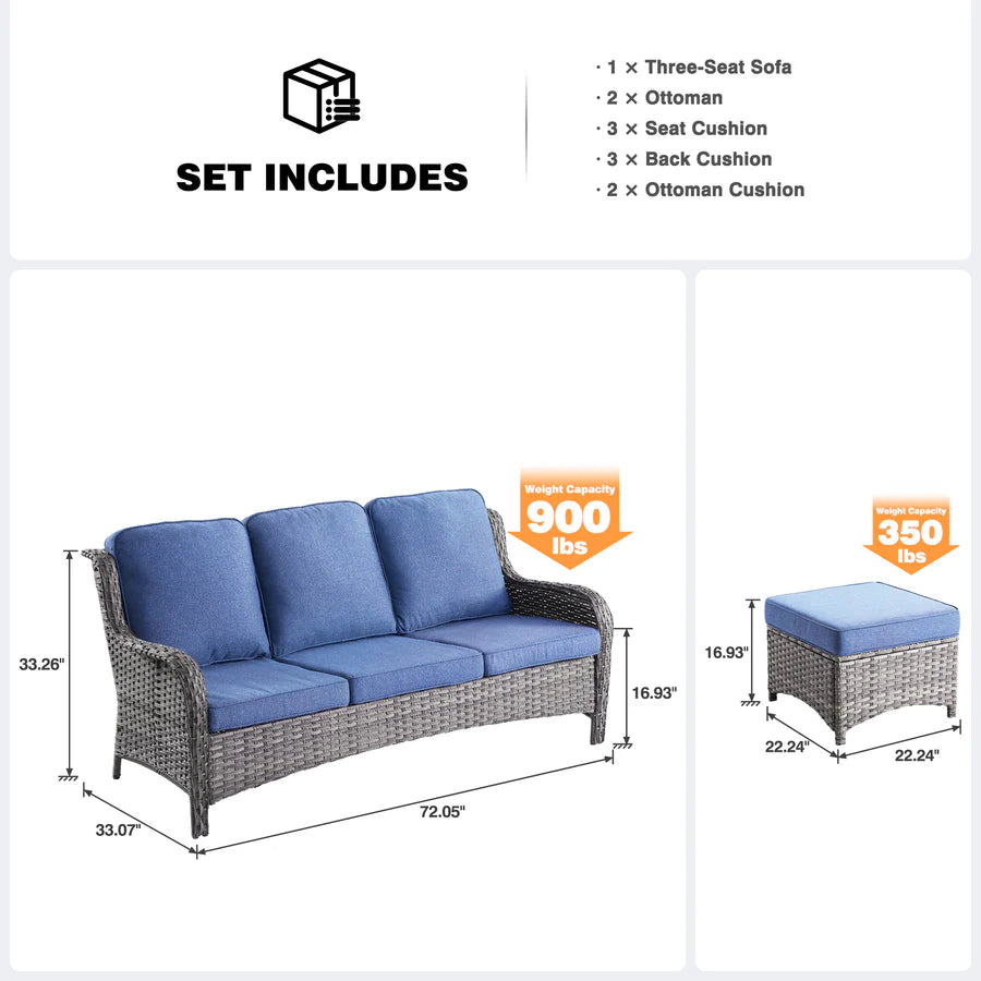 Outdoor Couch 3-Piece with Ottoman Kenard Curved Handrest