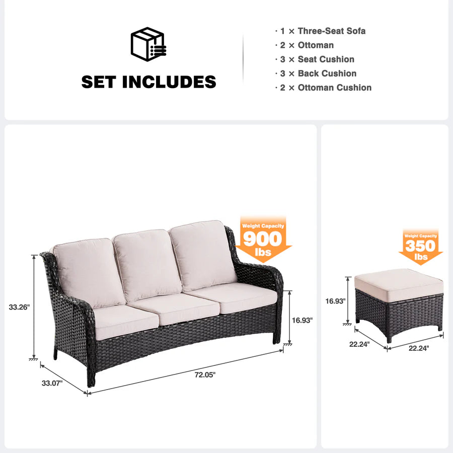 Outdoor Couch 3-Piece with Ottoman Kenard Curved Handrest