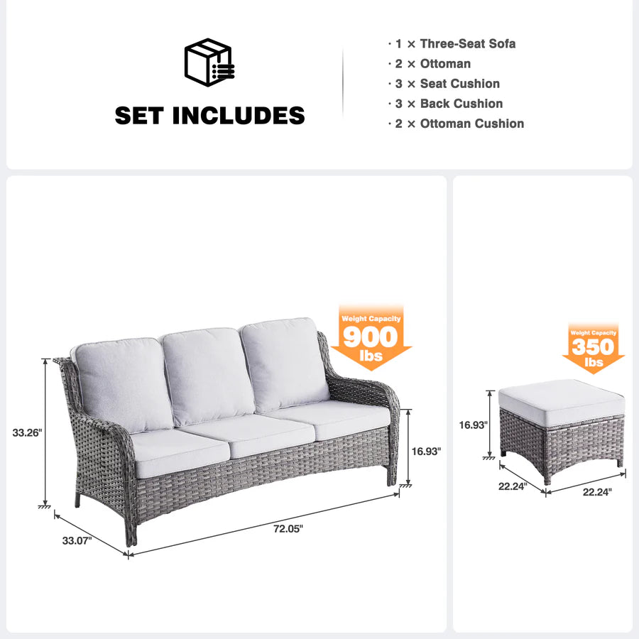 Outdoor Couch 3-Piece with Ottoman Kenard Curved Handrest
