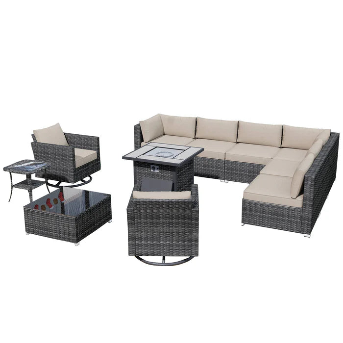 Outdoor Sectional Furniture 11-Piece with Rocking Chair and 30'' Fire Pit Table