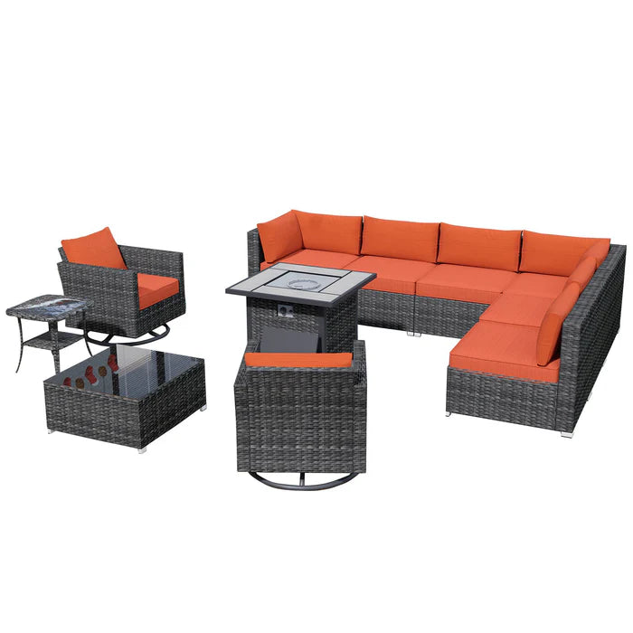 Outdoor Sectional Furniture 11-Piece with Rocking Chair and 30'' Fire Pit Table
