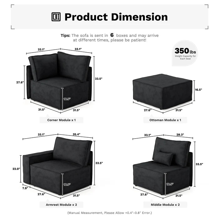 Living Room Modular Couch 6-Pieces Set, 2.5 Wale Corduroy Fabric